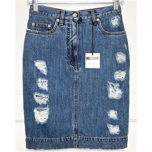 NWT MOSCHINO Retro 90s High Waist Question Mark Logo Distress Denim Jean Skirt 2